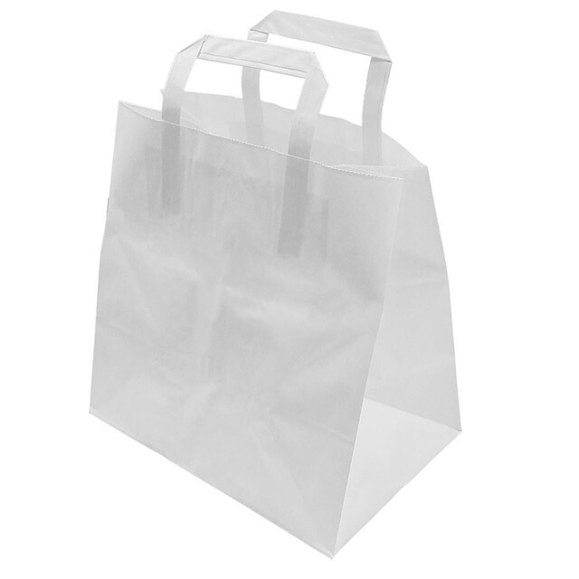 ▷ Bolsa Papel Pequeña Blanca Asa Plana Base Ancha 26+18x25cm | EnvasesAlimentarios.es