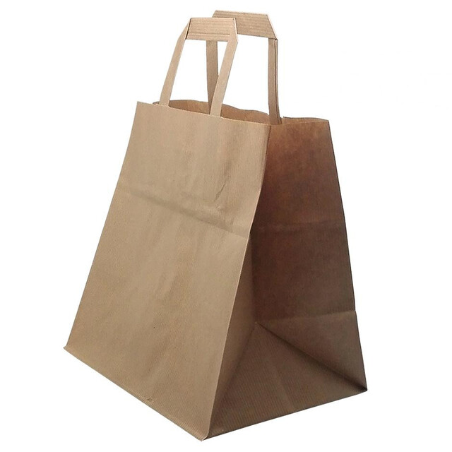▷ Bolsa Papel Kraft Mediana Asa Plana Base Ancha 26+14x30cm | EnvasesAlimentarios.es