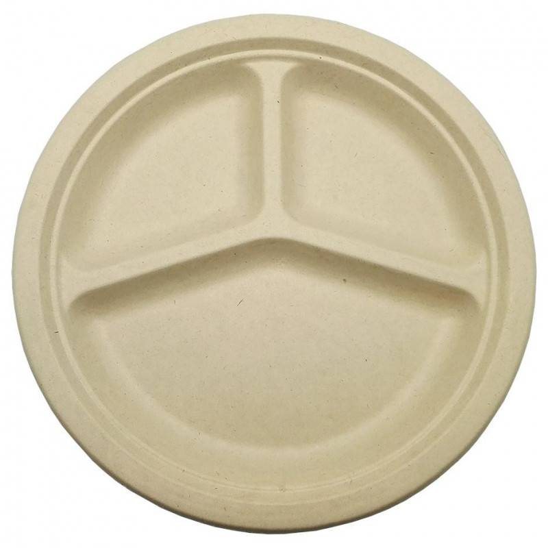 ▷ Plato Fibra Trigo Redondo 3 Compartimentos 260mm | EnvasesAlimentarios.es