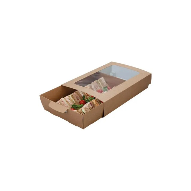 ▷ Caja Mediana con Ventana de Celulosa para Bandeja Catering 402x260x82,5mm