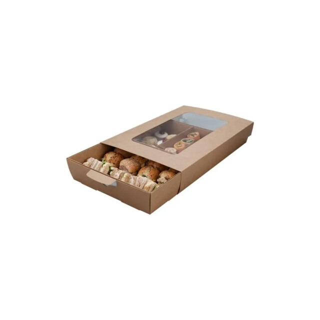 ▷ Caja Grande con Ventana de Celulosa para Bandeja Catering 502x331x82,5mm